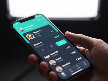 Close-up of a phone screen displaying a player account dashboard with visible tier badge reading Master ID, wallet balance, and active wager counter, hand holding the device, bright saturated studio lighting from above, dark near-black background, teal accent glow from the screen