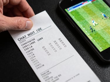 Close-up overhead shot of a betting slip and mobile screen showing a live cricket scoreboard mid-match, bright digital-native lighting, hand partially visible placing the slip, high contrast on near-black surface