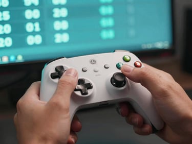 Close-up of hands on a gaming controller with a live odds ticker visible on a monitor behind, electric teal screen glow, motion blur on the hands suggesting active play, dark studio ambient
