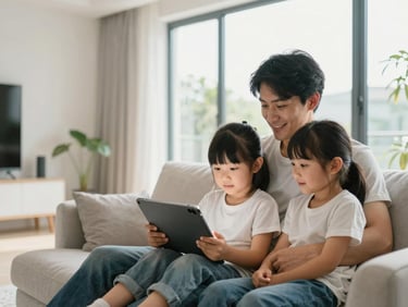 Bright modern living room, a family streaming a movie on a tablet together, natural daylight pouring through a large window, soft focus background, 35mm lens