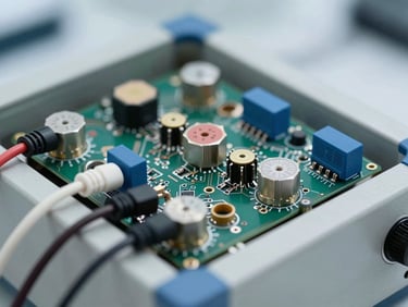 Close-up of industrial electronics components connected to a dynamic load tester, with cables and measurement probes, under bright laboratory lighting.