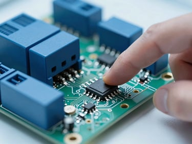 Macro close-up of a PLC circuit board with an engineer's hand pointing to a specific component, clean laboratory lighting, cool blue tones, high depth of field