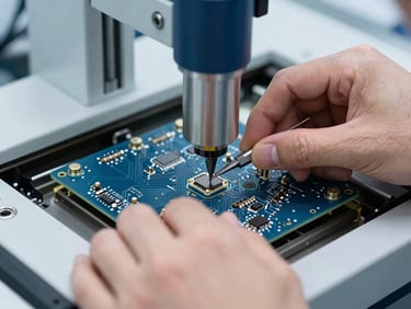 Tight macro shot of an engineer's hands precisely operating a BGA rework station, focusing on the intricate soldering process under magnification.