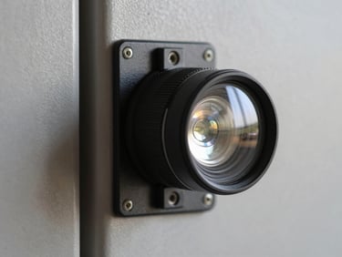 Extreme close-up of a door safety sensor and its mounting bracket on a steel door frame, studio strobe lighting eliminating shadows, every wiring connector and lens surface in sharp detail