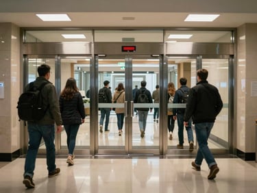 Wide shot of a commercial lobby automatic door in active use — people passing through, door mid-cycle, real building interior with polished floor and overhead lighting, documentary framing, no posed subjects