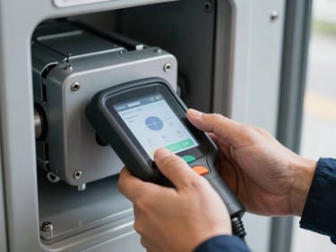Close-up of a technician's hands pressing a diagnostic reader against a commercial automatic door motor unit, north-facing daylight, steel grey tones, sharp focus on the device interface and motor housing