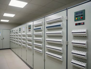 Wide shot of a building control panel room — rows of labelled breaker switches and door control modules mounted on a steel rack, bright overhead fluorescent lighting, no people, documentary framing emphasising system complexity