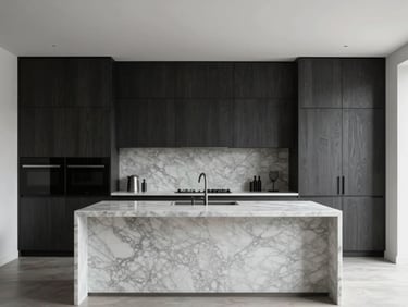 Architectural photography, wide angle shot of a minimalist luxury kitchen with dark oak cabinets, seamless marble island, soft natural daylight, 35mm