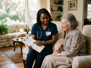 A professional dark-skinned African American female nurse in crisp clinical attire reviewing a care plan with a patient in an elegant, sunlit New Jersey living room, warm editorial photography, 35mm