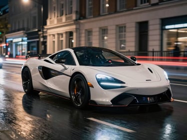 Dynamic close-up still of a sports car speeding through London streets at night, neon streaks reflected on wet pavement.