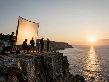 Wide landscape shot of a film crew on a rocky coastal cliff at sunrise, massive diffusion frames catching the golden light.