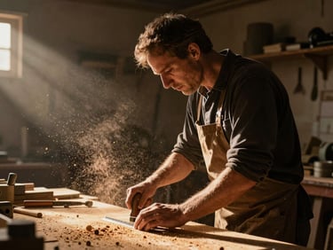 Cinematic film still of a craftsman in a dimly lit workshop, warm golden light catching sawdust in the air, deep shadows.