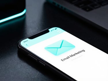 Macro shot of a mobile screen displaying a clean email marketing UI, with neon-cyan highlights, in a dark, high-end workspace setup, dramatic low-key lighting, reflective glass surface, ultra-modern tech aesthetic, 35mm lens.