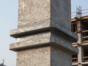 Extreme close-up of a massive structural steel joint and thick poured concrete column on an active construction site, early morning light, sharp textures