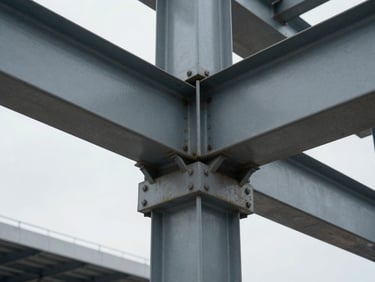 Close-up of massive structural steel joins on a modern commercial transit hub, overcast daylight, sharp textures.