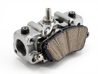 Orthographic technical view of a Suzuki brake assembly, bright studio lighting, highlighting the caliper and brake pad alignment.