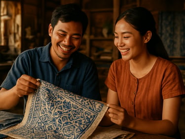 A young southern Thai artisan and designer discussing fabric patterns in a warm community workshop, smiling naturally, 35mm