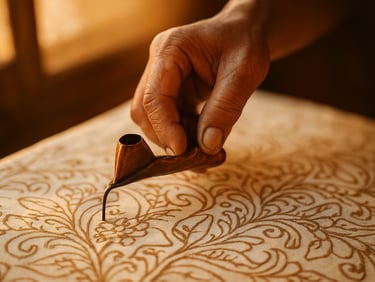 Close-up of an artisan's hand carefully drawing intricate patterns on cotton fabric using a copper canting filled with hot wax, soft golden natural light filtering through a wooden window frame, warm terracotta tones, 35mm photography.