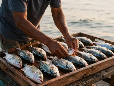 A local fisherman in Songkhla arranging fresh catch on a wooden tray, warm golden-hour sunlight, authentic textures, 35mm