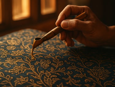 Close-up of an artisan's hand carefully drawing intricate wax lines on a batik fabric, warm indoor lighting filtering through wooden windows, 35mm