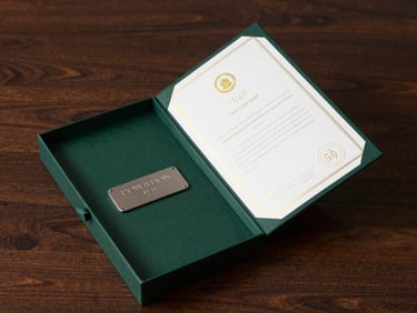 A luxury deep racing green gift box open on a dark polished timber table, revealing a heavy-stock printed certificate with gold foil accents and an elegant metal stable pass, crisp studio lighting.