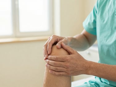 Close-up of an orthopedic specialist gently examining a patient's knee joint in a bright clinic room, warm natural light, soft teal accents.
