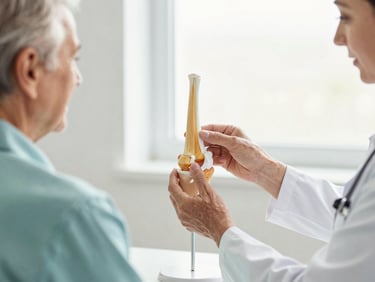 Warm editorial medical photography of a doctor's hands explaining a joint model to an active senior, bright natural window light, shallow depth of field