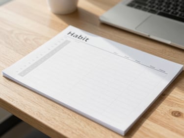 Bright editorial photography of a minimalist habit tracker sheet on a wooden table, soft morning sunlight, clean aesthetic.