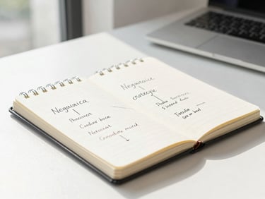 Bright editorial photography of a modern notebook with handwritten negotiation strategies, clean office desk, natural daylight, shallow depth of field.