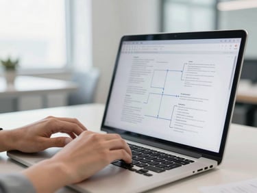 Close-up of hands typing on a laptop during a professional workshop, structured diagrams on screen, bright natural office light, clean modern interiors, crisp focus