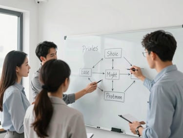 Professional team collaborating on a structured diagram on a whiteboard, bright natural office light, clean modern interiors, crisp focus, over-the-shoulder shot