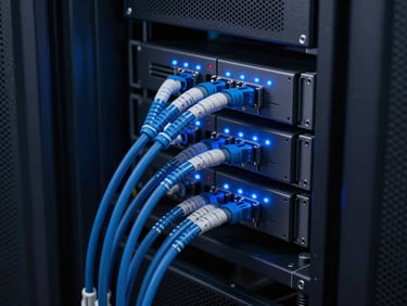 Sleek tech photography of structured server cabling in a dark room, subtle electric blue indicator lights, sharp macro focus