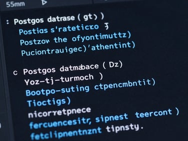 Macro close-up of a clean Postgres database schema on a dark IDE interface, electric blue syntax highlighting, sharp focus, 50mm