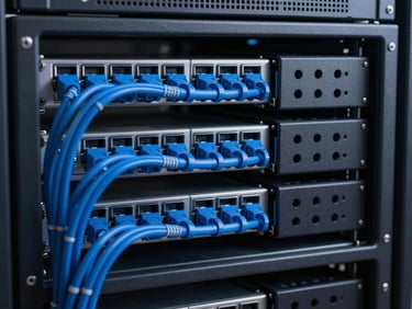 Sleek server rack with precise, perfectly organized blue cabling, low-key cool studio lighting, deep slate tones