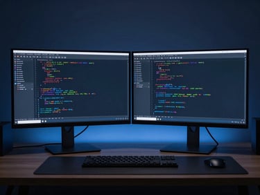 Minimalist development workspace with dual monitors displaying structured code blocks, moody late-night ambient light