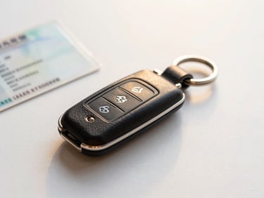 Close-up of a premium leather key fob and a physical driving license resting on a clean, minimalist white surface, sharp lighting