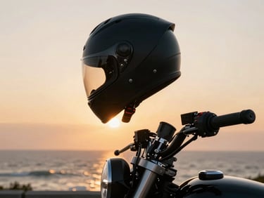 Close-up of a motorcycle handlebar with a clean black helmet hanging from it, sunset sky over the ocean in the background