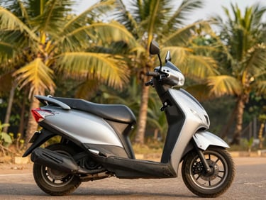 Clean silver Honda Activa 125 parked against a tropical palm background in Gokarna, bright morning light