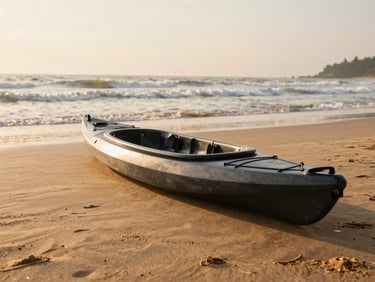 A low-angle shot of a sea kayak resting on the golden sands of Gokarna beach, gentle waves in the background, warm morning light, premium adventure photography.