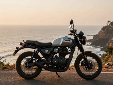 Royal Enfield Hunter 350 in dapper ash color parked on a cliff road overlooking the Gokarna sea, sunset light