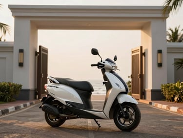 A pristine Honda Activa 125 parked outside a luxury cliffside resort entrance in Gokarna, clean architectural lines, morning sun