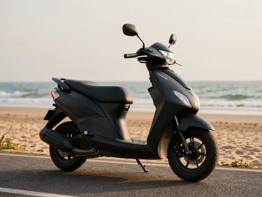 Sporty matte black Honda Dio 125 parked on a clean paved road near Gokarna beach, high-contrast lighting