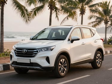 A clean, premium white SUV taxi parked on a quiet, palm-fringed coastal road in Gokarna, soft morning light reflecting off the metallic paint.