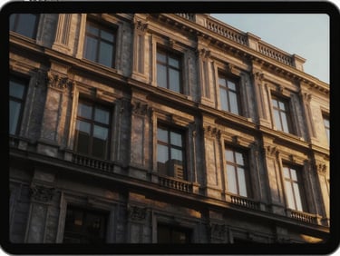 Close-up of elegant architectural rendering on a digital tablet, showing intricate details of a building facade, soft studio lighting, subtle reflections.
