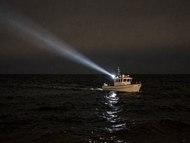 Moody wide shot of a small boat on dark, choppy waters at night, single searchlight beam, dramatic shadows
