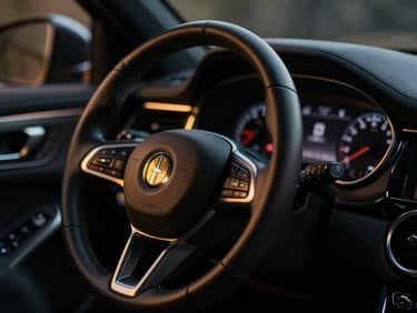 Cinematic macro shot of a luxury car interior, focusing on the hand of a driver in a suit on the leather-wrapped steering wheel, soft golden dashboard lights glowing, shallow depth of field.