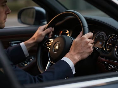 Close-up of a chauffeur's hands in a dark tailored suit gripping a leather steering wheel of a luxury vehicle, soft dashboard lights glowing in the background, elegant and focused.