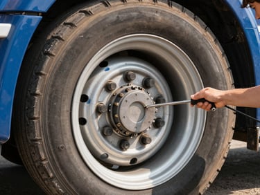 Close-up macro shot of a heavy-duty semi-trailer wheel, showing clean steel and aluminum components, professional technician hand with precision tools, crisp industrial photography, bright morning daylight, deep blue and metallic gold tones, sharp focus, 50mm lens.