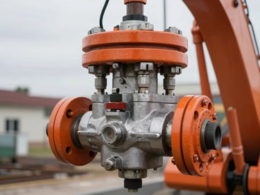 Close-up of a heavy machinery hydraulic valve block, steel and safety orange tones, sharp focus, 35mm