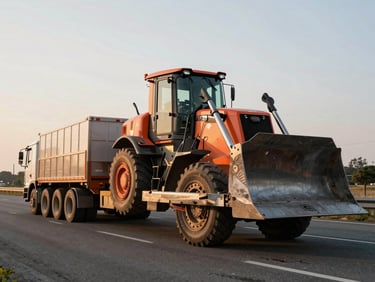 A heavy flatbed transport truck carrying a large bulldozer down an open highway, golden hour lighting, high contrast, 35mm